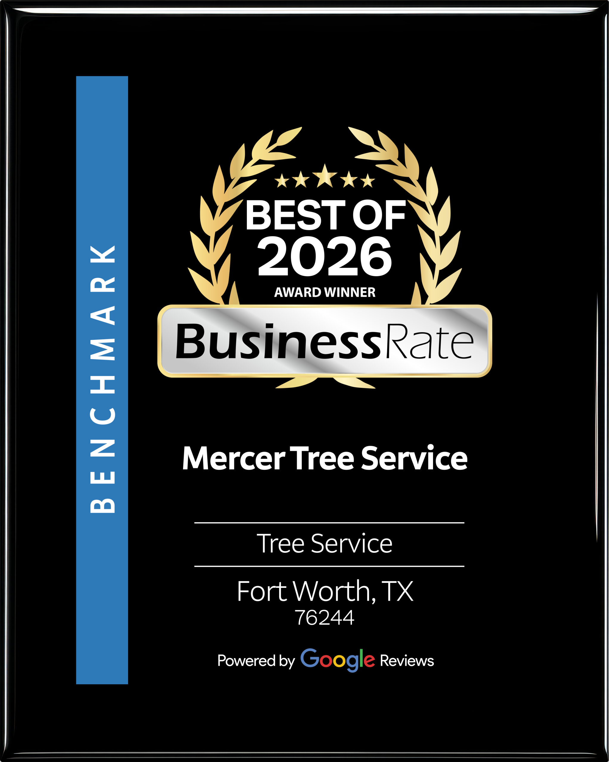 A plaque showing Mercer Tree Service as a winner of the "Best of 2026" award by BusinessRate